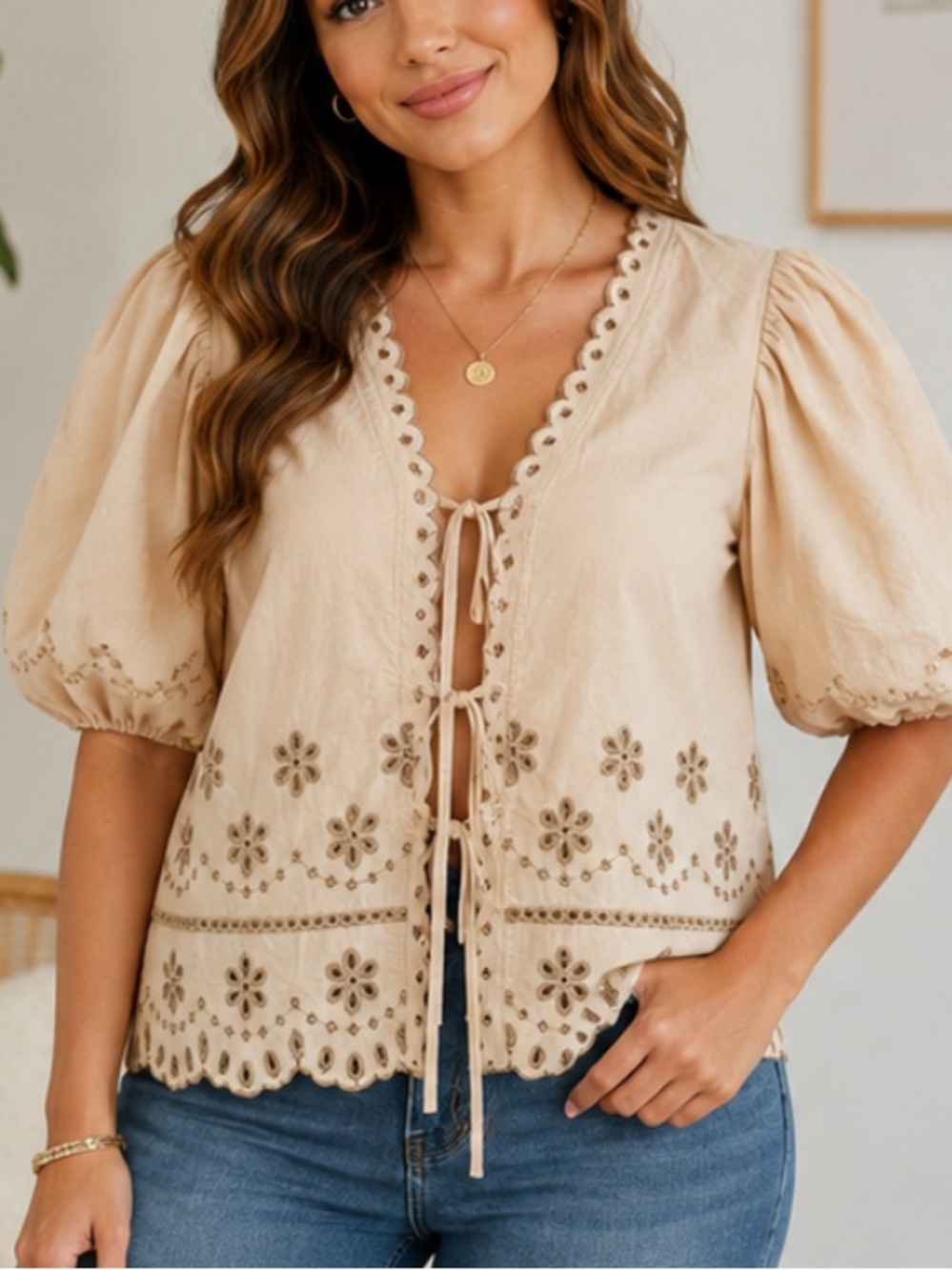 Moon River XL Embroidered Cotton Tie-Front Top Beige Boho Eyelet Puff Sleeves